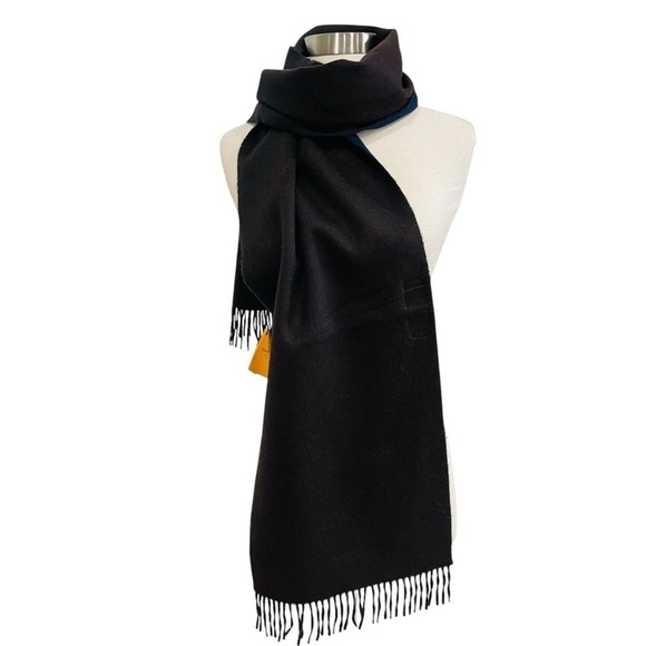 Hickey Freeman Solid Double Face Merino Wool Fringe Scarf Brown/Navy Reversible - Picture 3 of 16